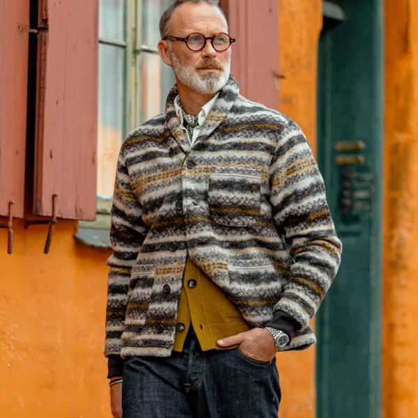 Knitwear | Universal Works Brown Fairisle Wool New York Button Cardigan