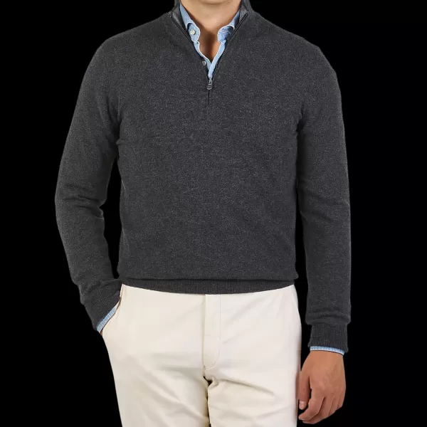 Knitwear | Gran Sasso Charcoal Grey Wool Cashmere 1/4 Zip Sweater