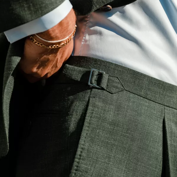 Suits | Baltzar Sartorial Green Melange Wool Linen Pleated Trousers