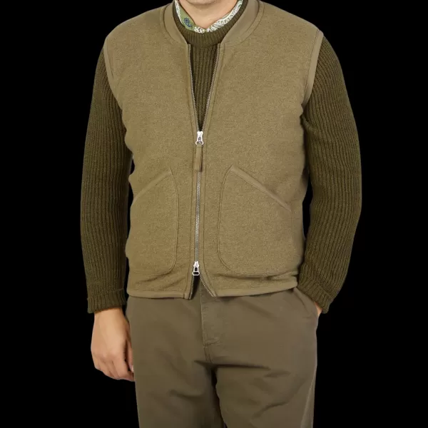 Gilets | Universal Works Lovat Green Wool Fleece Zip Waistcoat