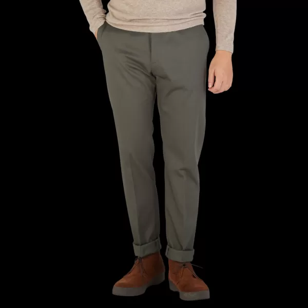 Trousers | Berwich Military Green Cotton Flat Front Trousers