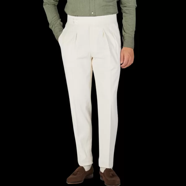 Trousers | Luigi Bianchi Off-White Cotton Twill Pleated Trousers